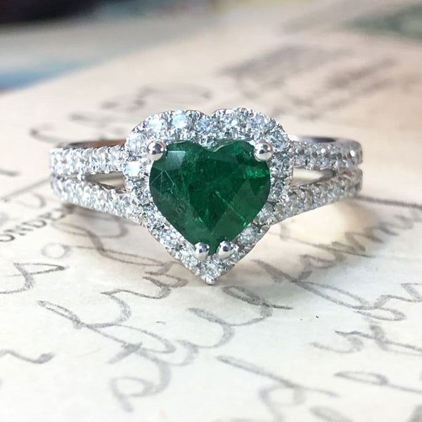 Heart-Cut Emerald and Diamond Halo Ring