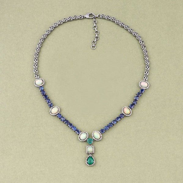 Kyanite, Opal, Emerald, Diamond Lavalier Necklace
