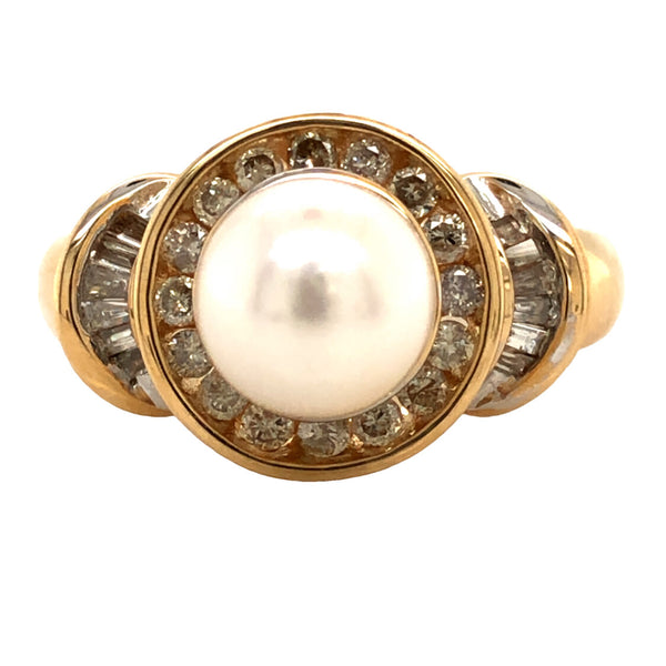 Pearl Ring with Diamond Halo & Tiered Shoulders