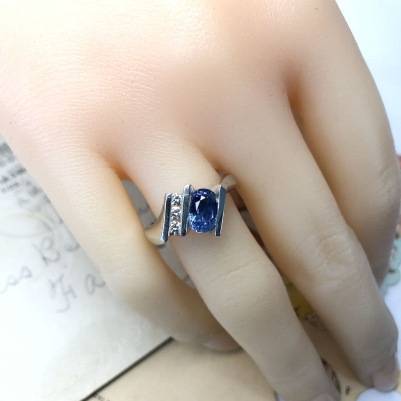 Blue Sapphire & Diamond Side by Side Ring - Unisex