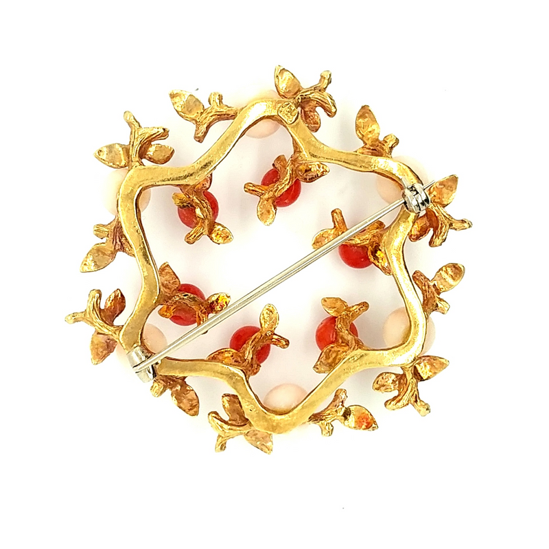 18K Yellow Gold Angelskin and Red Coral Brooch