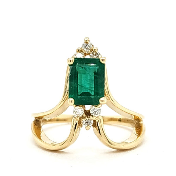 Emerald and Diamond Chevron-Contoured Curved Ring