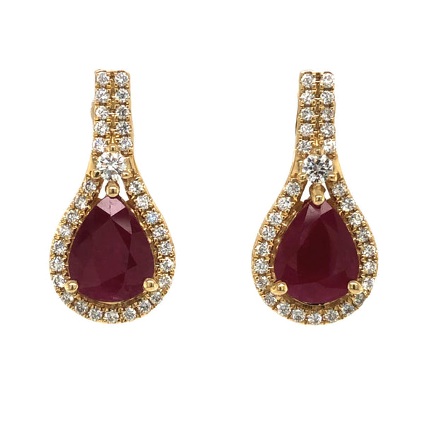 Pear-Cut Ruby & Hanging Diamond Halo Drop Earrings