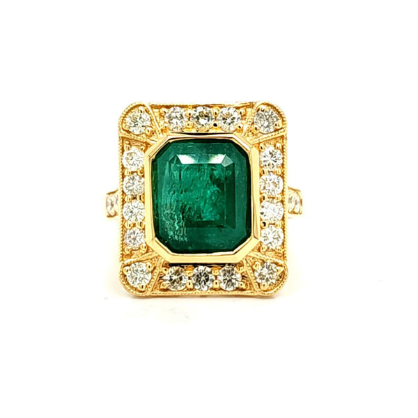 GIA Certified Emerald & Ornate Diamond Framed Ring