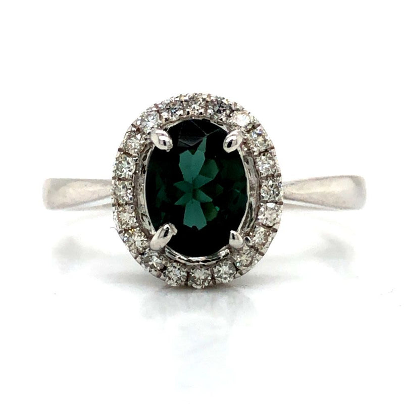 Teal Tourmaline and Diamond Halo Ring