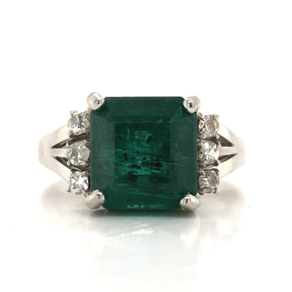 Estate Platinum Ring with GIA Emerald and Diamonds