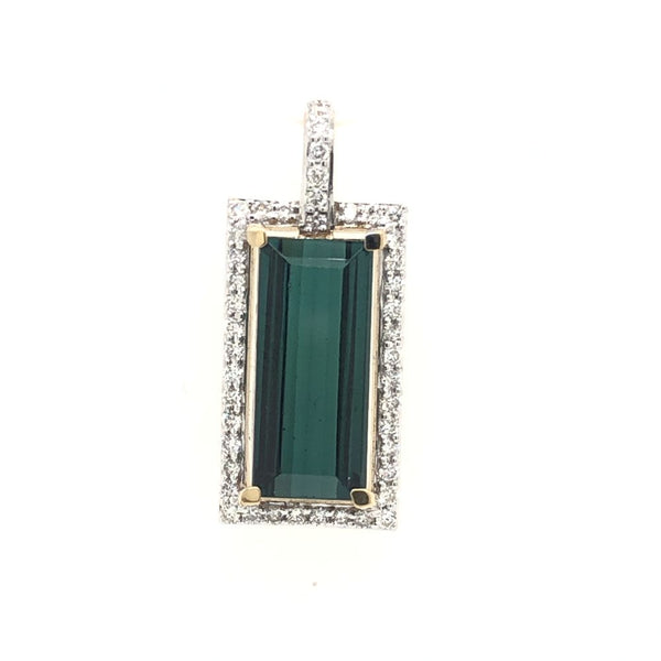 Teal Green Indicolite Tourmaline & Diamond Pendant