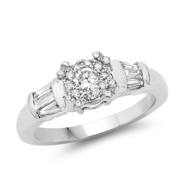 Diamond Halo Ring with Baguette Diamond Shoulders
