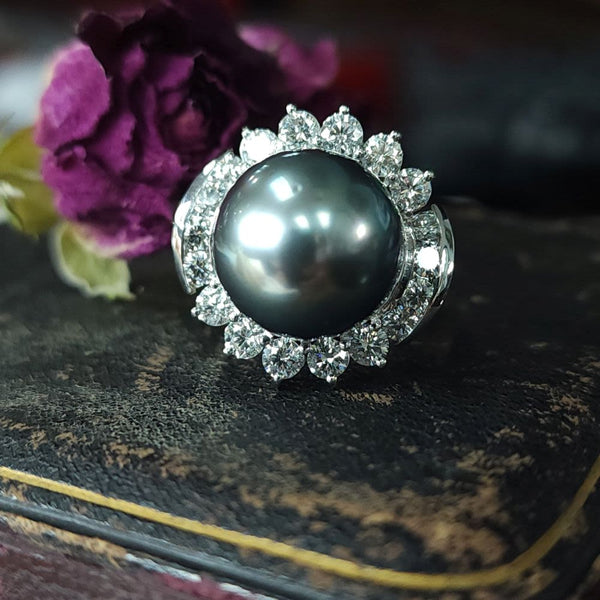 GIA Dark Bluish-Gray Tahitian Pearl & Diamond Ring