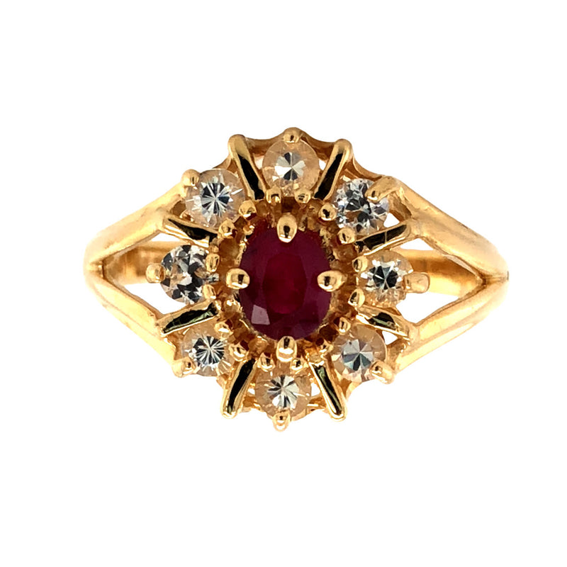 Ruby Ring with a White Sapphire Starburst Halo