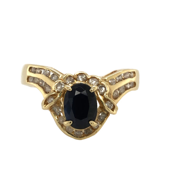 Blue Sapphire and Diamond Contour Flower-Top Ring