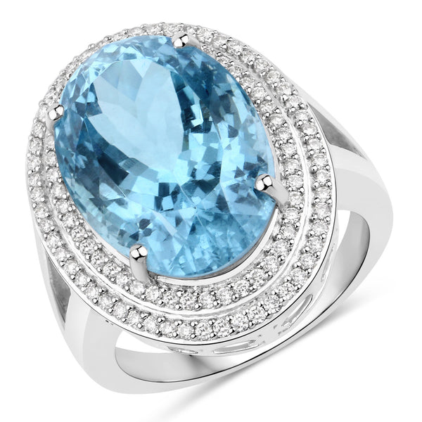 Aquamarine & Tiered Diamond Halo Ring, Sky Blue