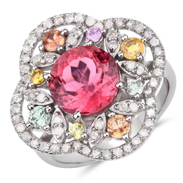 Pink Tourmaline, Sapphire, Diamond Quatrefoil Ring