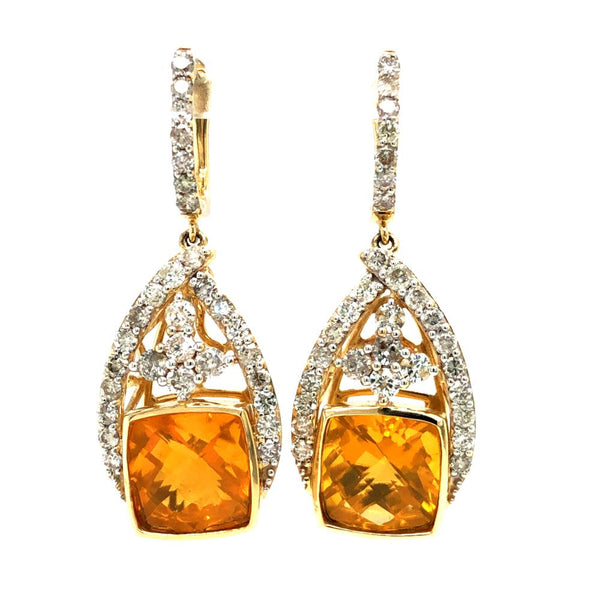 Golden Fire Opal and Diamond Dangling Earrings