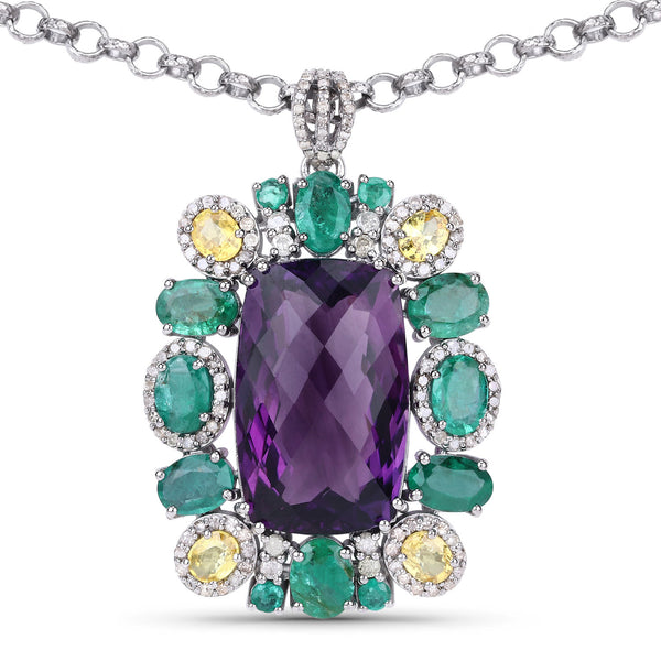 Emerald & Yellow Sapphire Framed Amethyst Necklace