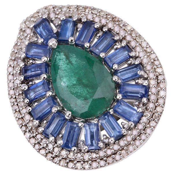 Kyanite and Diamond-Framed Emerald Statement Ring