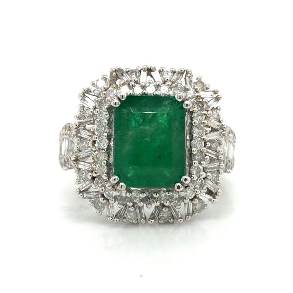 Emerald Ring with Round and Baguette Diamond Halo