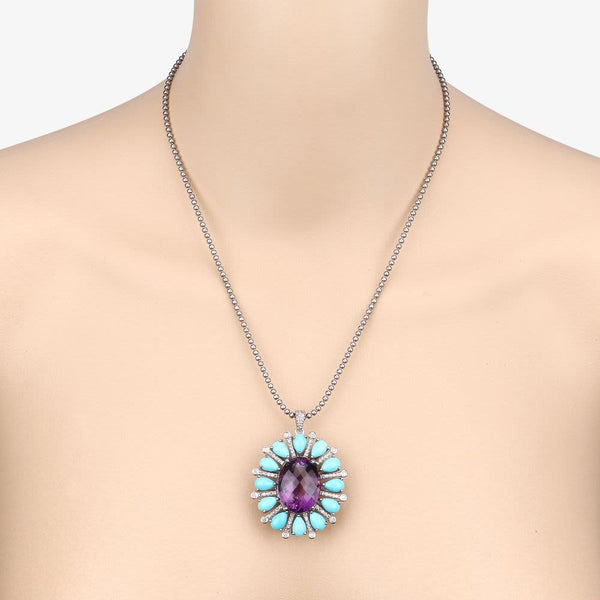Amethyst, Turquoise, & Diamond Art Nouveau Pendant