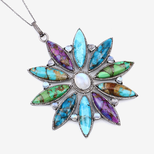 Colorful Turquoise, Moonstone, & Diamond Necklace