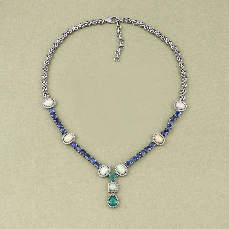 Kyanite, Opal, Emerald, Diamond Lavalier Necklace