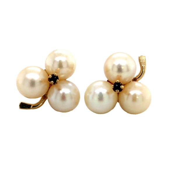 Pearl and Blue Sapphire Trefoil - Clover Earrings