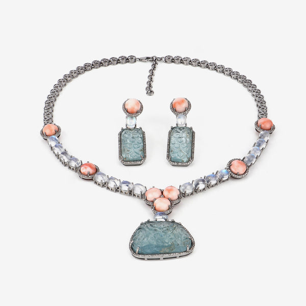 Coral, Moonstone & Blue Topaz Necklace Earring SET