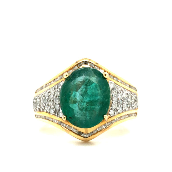 Oval Emerald Double Chevron Ring with Diamonds