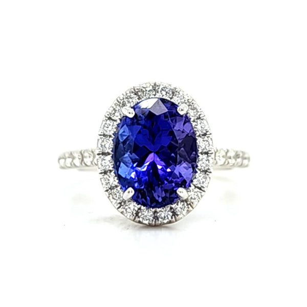 Tanzanite & Diamond Halo Ring - Diamond Shoulders