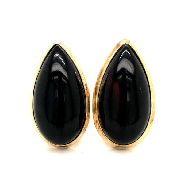 Teardrop-Shaped Black Onyx & Yellow Gold Earrings