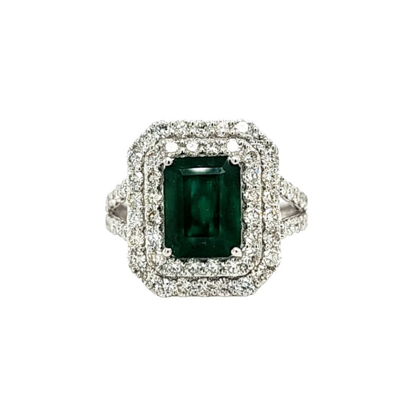Designer Emerald Ring with Tiered Diamond Halo