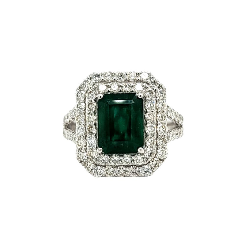 Designer Emerald Ring with Tiered Diamond Halo