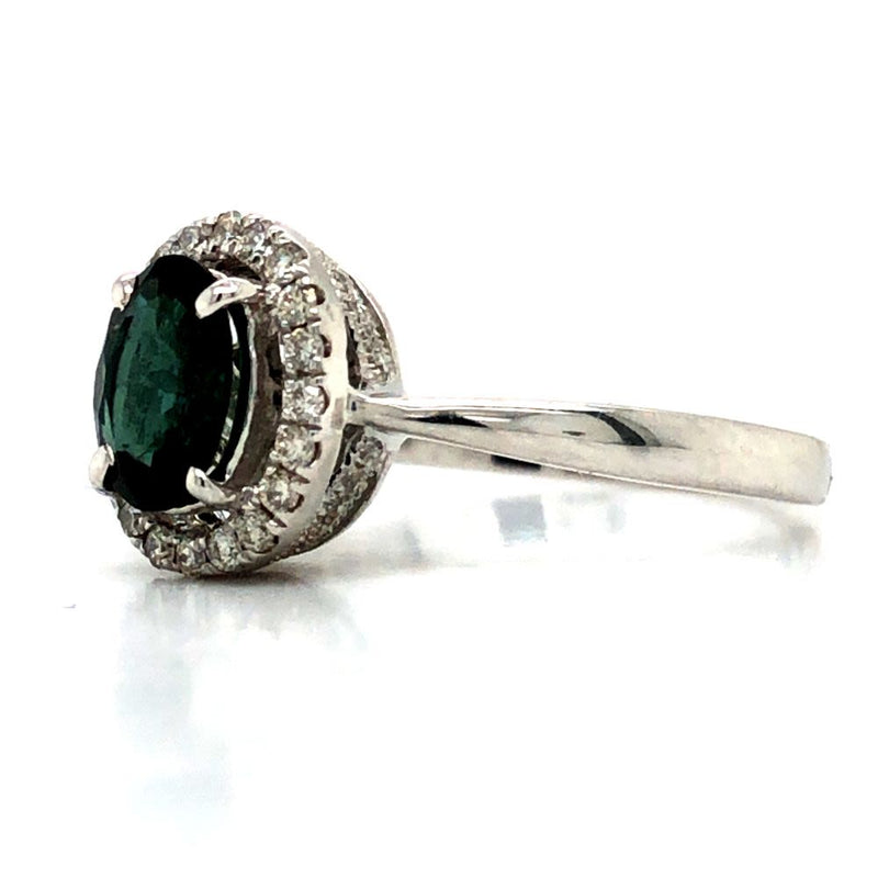 Teal Tourmaline and Diamond Halo Ring