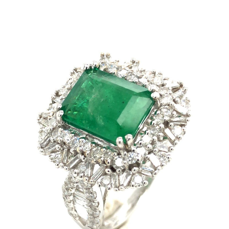 Emerald Ring with Round and Baguette Diamond Halo