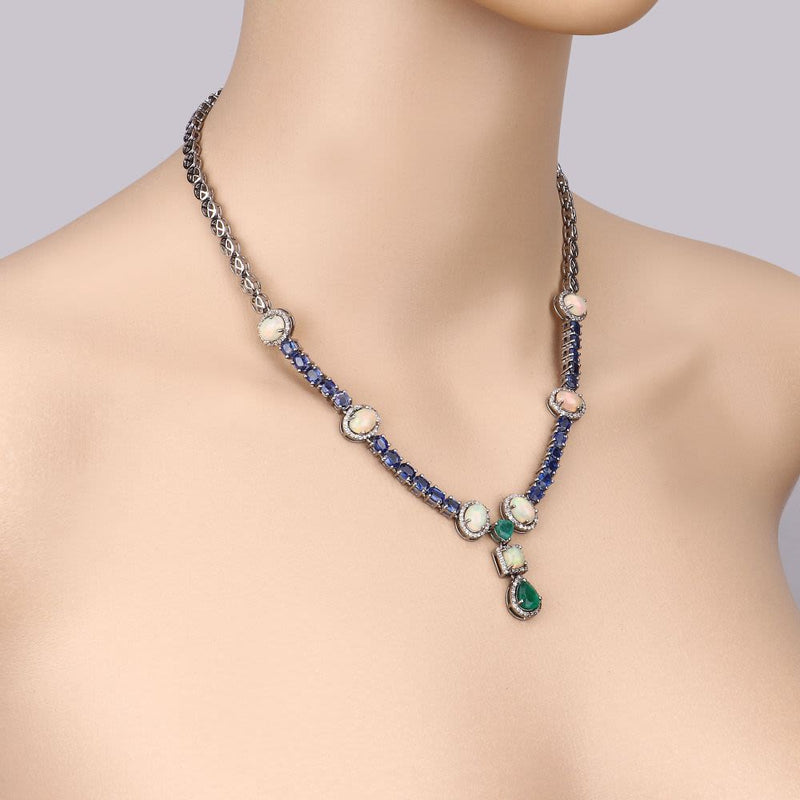 Kyanite, Opal, Emerald, Diamond Lavalier Necklace