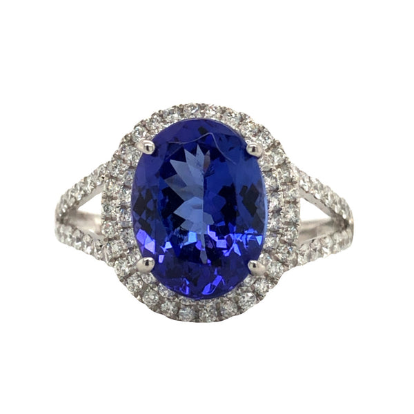 Tanzanite & Diamond Ring with Tiered Diamond Halo