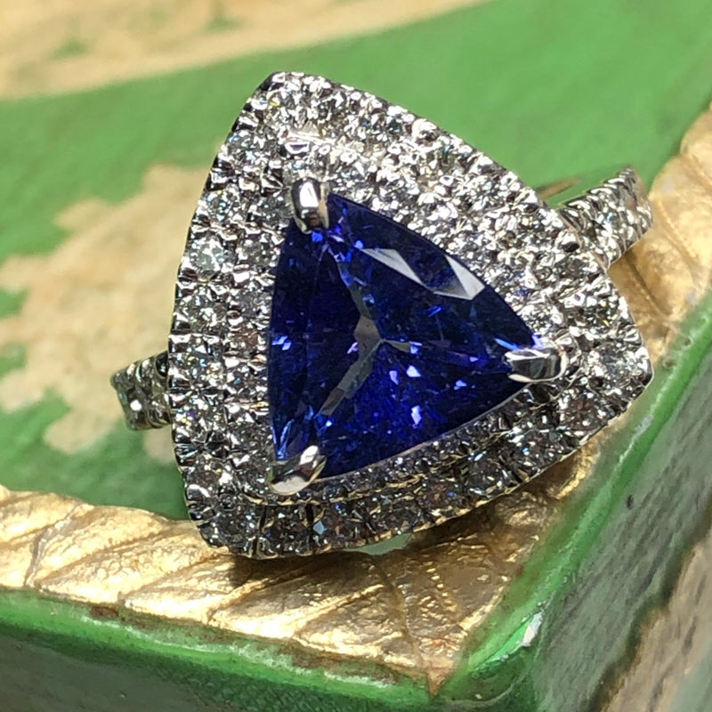 Trilliant-Cut Tanzanite & Diamond Double Halo Ring