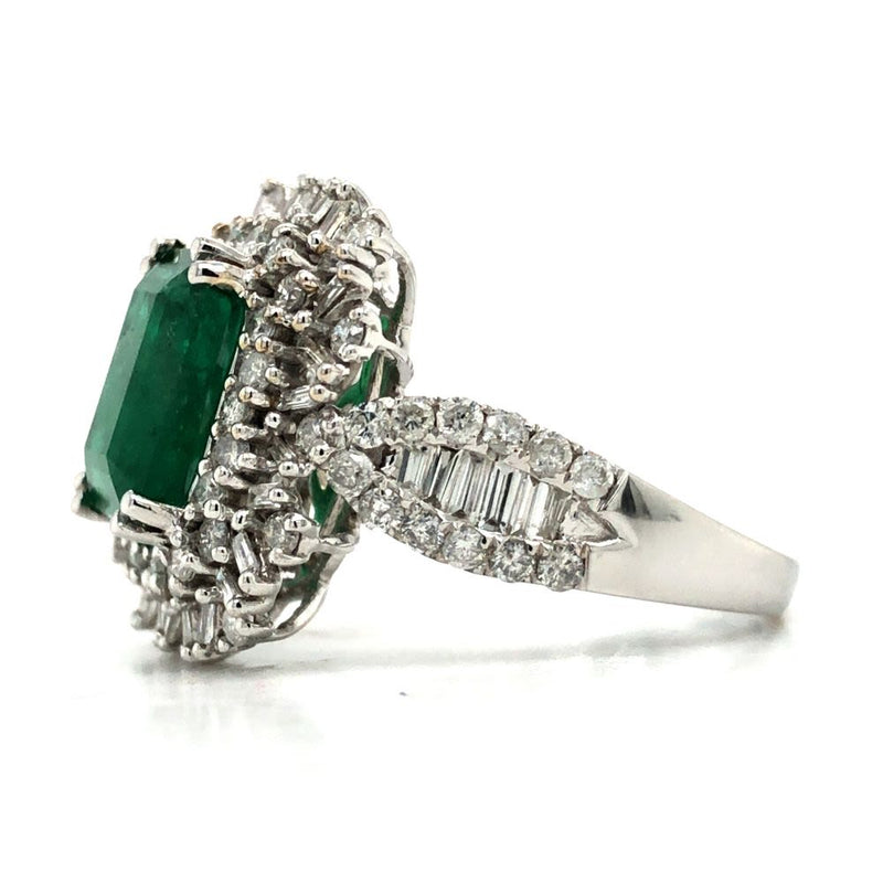 Emerald Ring with Round and Baguette Diamond Halo