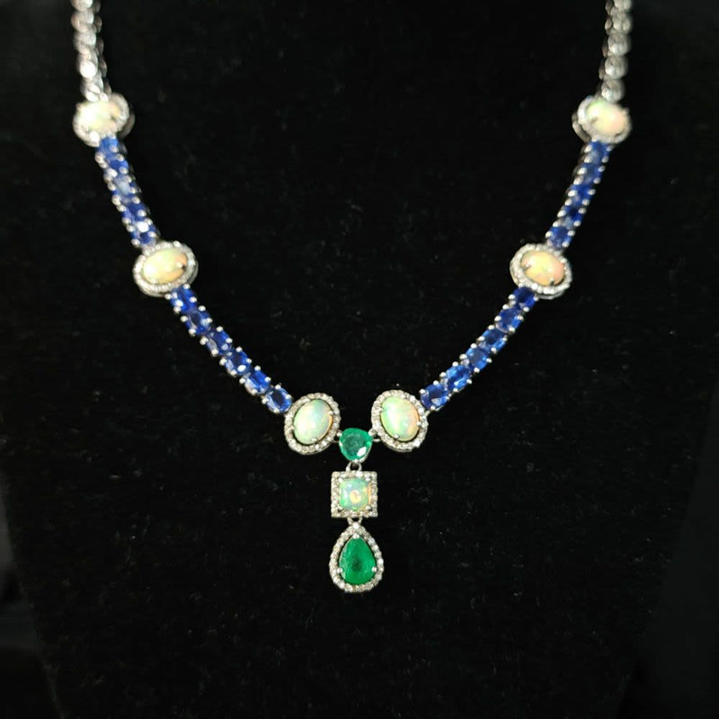 Kyanite, Opal, Emerald, Diamond Lavalier Necklace