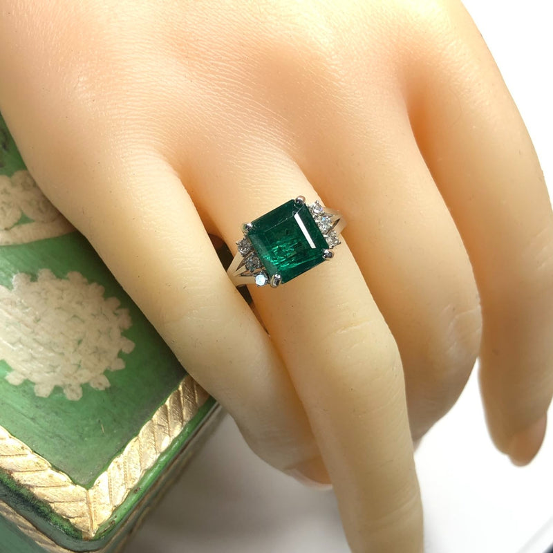 Estate Platinum Ring with GIA Emerald and Diamonds