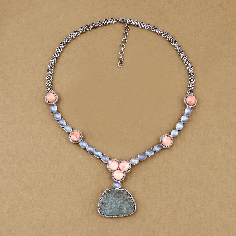 Coral, Moonstone & Blue Topaz Necklace Earring SET