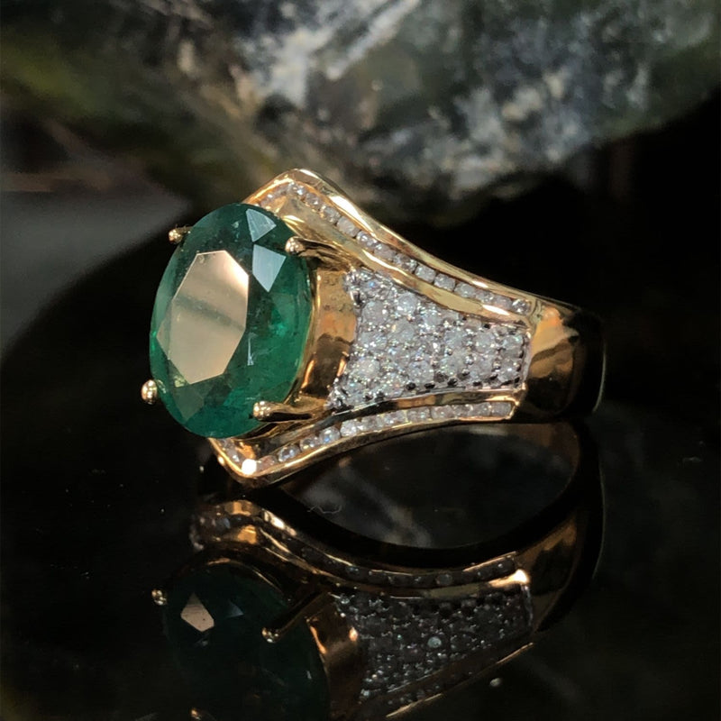 Oval Emerald Double Chevron Ring with Diamonds