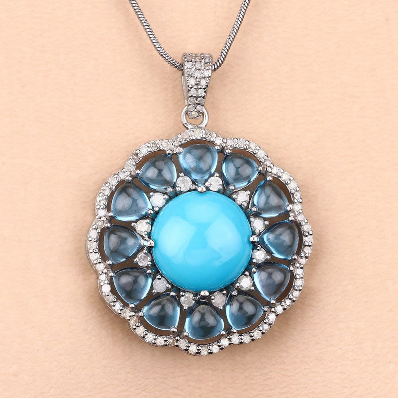 Turquoise, Blue Topaz, and Diamond Circle Necklace