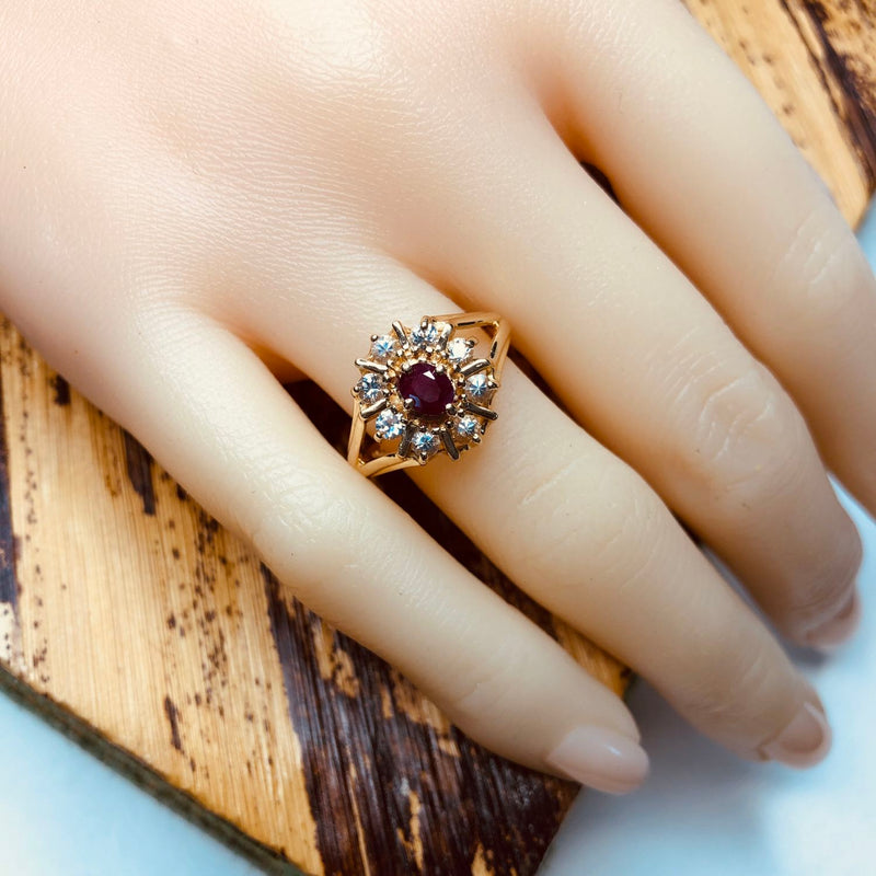 Ruby Ring with a White Sapphire Starburst Halo