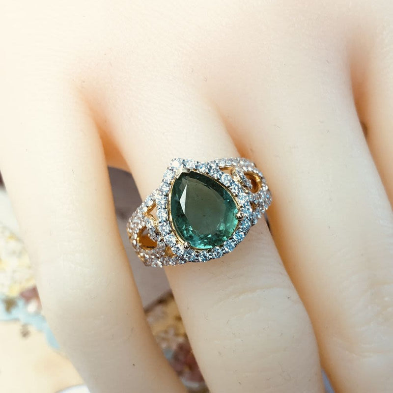 Emerald Ring with Diamond Halo - Gem AA Quality