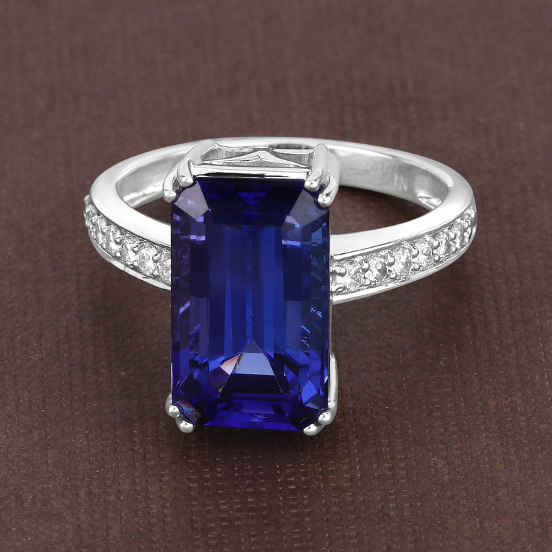 Elongated Octagon-Cut Tanzanite and Diamond Ring