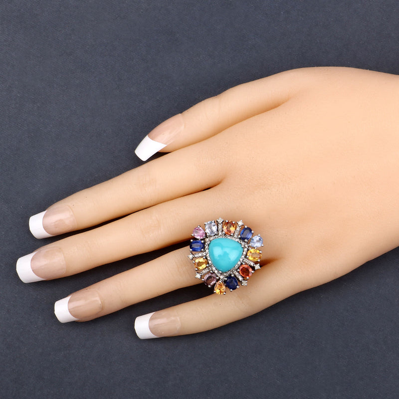 Turquoise Ring w/ Radiant Gemstone & Diamond Frame
