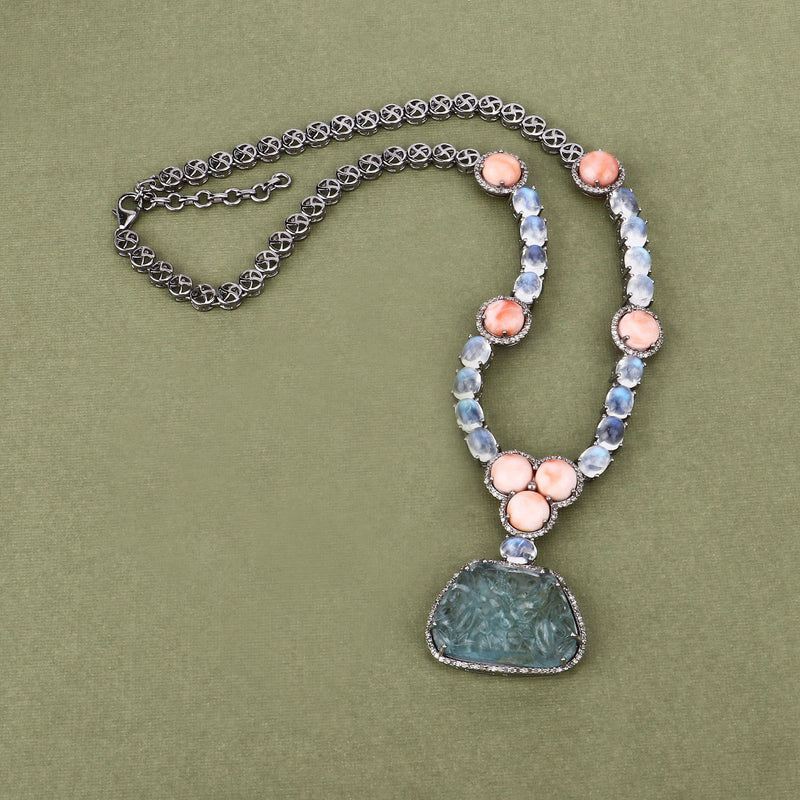 Coral, Moonstone & Blue Topaz Necklace Earring SET