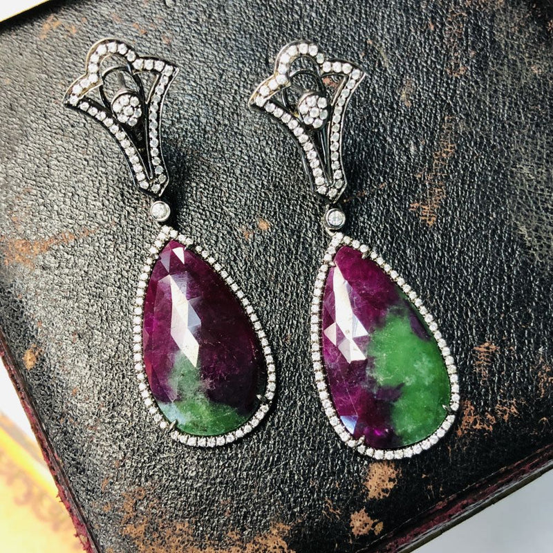 Ruby in Zoisite & Diamond Earrings 18K