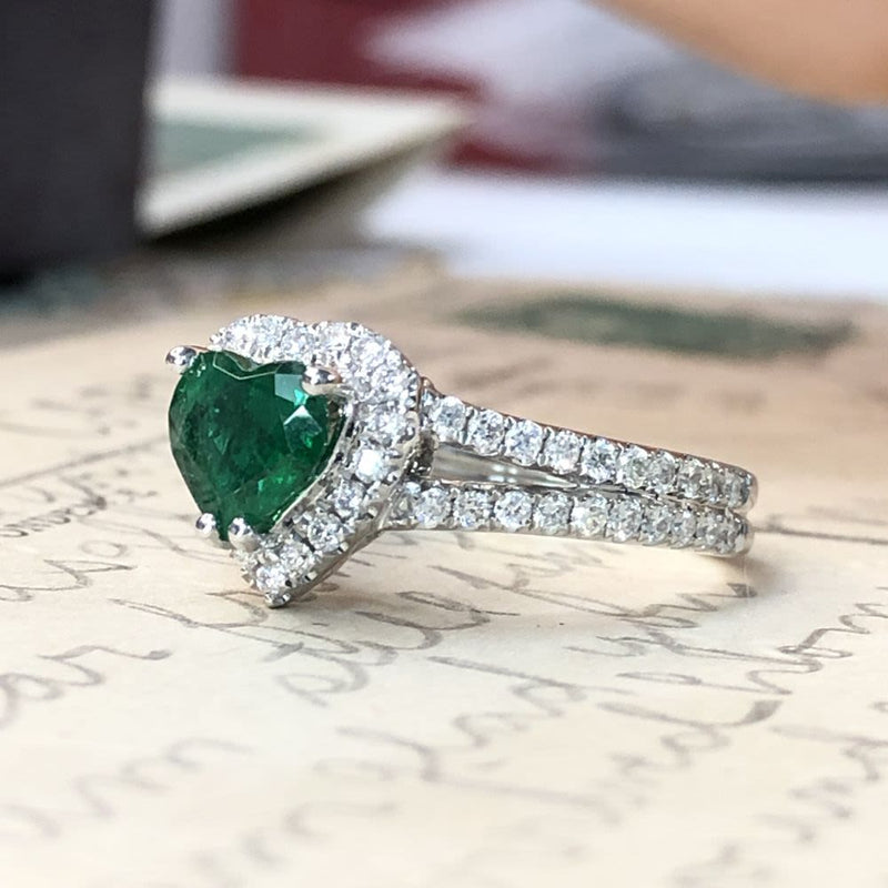 Heart-Cut Emerald and Diamond Halo Ring