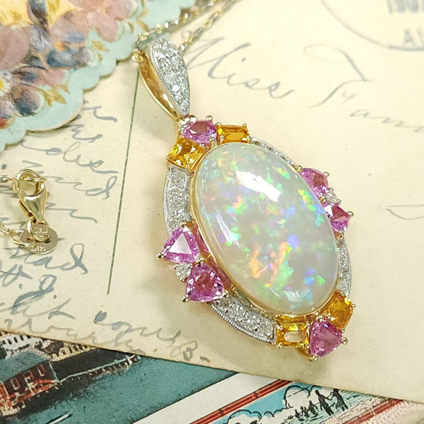 Opal, Yellow & Pink Sapphire, and Diamond Necklace